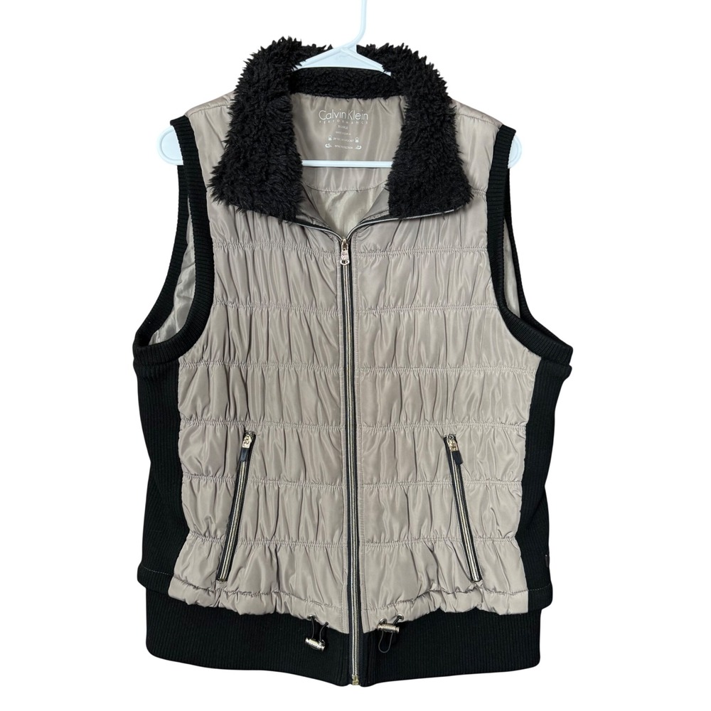 Calvin Klein Performance Womens XL Puffer Vest Faux Fur Collar Quilted Tan Black